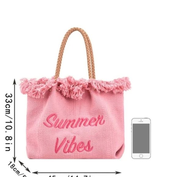 Fringe Trim canvas  Letter Embroidered Crochet Bag pink - Picture 3 of 4